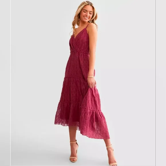Willow & Root Earth Red Crochet V Neck Adjustible Strap Tiered Maxi Dress Length - Picture 2 of 15